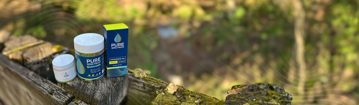 Pure Spectrum CBD oil and topicals on a mossy wooden fence in the forest