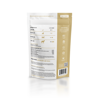 Dog food packaging with nutritional information on a white background