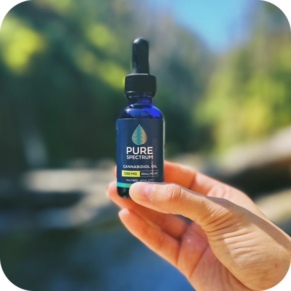 Hand holding Pure Spectrum CBD oil tincture with natural forest background
